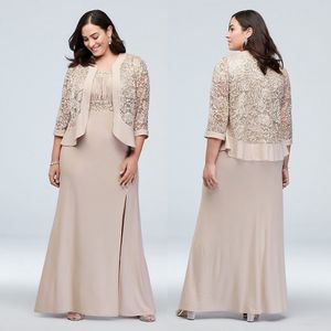 Champagne Plus Size Lace Mother of the Bride Dresses Sequined Mermaid Wedding Guest Dress With Long Sleeves Jackets Chiffon Evening Gowns