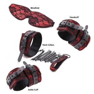 Adulto Brinquedos Bondage Vermelho Escravo Arnês Handcuff Collars Ankle Cuff Restrição Costume Cosplay Neck Connected Dog Chain