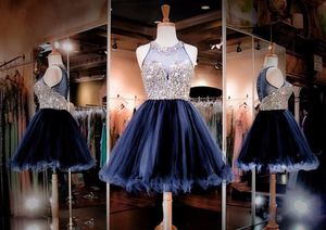 Günstig kostenlos Versand glamouröser neu blauer Illusionsausschnitt Perlen Mieder kurz Organza Homecoming Prom -Kleider Hy1631