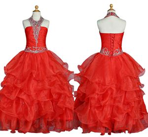 Red Organza queque Meninas Pageant Dresses Halter Ruffle frisada da festa de aniversário da criança de cristal vestido de noite Primeira Comunhão vestido de princesa
