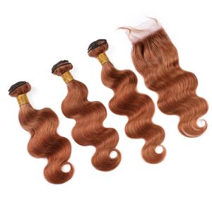 Body Wave Auburn Hair Wefts med stängning #30 Medium Auburn Malaysian Wavy Human Hair Weave Bunds med 4x4 spetsstängningsbit 4 st mycket
