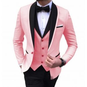 Brand New Pink Groom Tuxedos Czarny Lapel Groomsmen Mężczyzna Suknia Ślubna Moda Mężczyzna Kurtka Blazer 3piece Suit (Kurtka + Spodnie + Kamizelka + Kierunek) 213