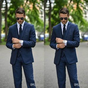 2019 Smoking da sposa di moda 3 pezzi Nuovo design Cool blu scuro Abiti da sposo Groomsmen Abiti da sposa Abiti da uomo (giacca + pantaloni + gilet)