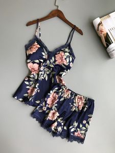 Kobiety Silk Sleepwear Set Sexy Piżamy Satin Sieć Siedzi Summer Piżama Kwiat Moda Sleepwear z poduszką na piersi