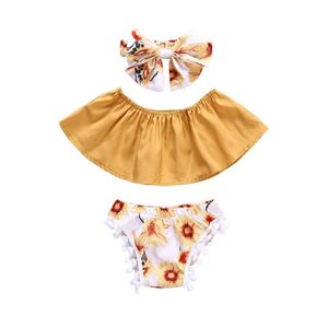 여자 아기 여름 꽃 의상 3 개 세트 활 머리띠 + 가슴 튜브 탑 + 퐁퐁 반바지 귀여운 유아 꽃 여름 의류