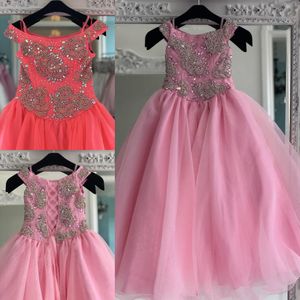 Pink Organza Pageant Dress for Teens 2020 Lace-Up Back Bling Rhinestones Long Pageant Gowns for Little Girls Formal Party rosie Off Shoulder