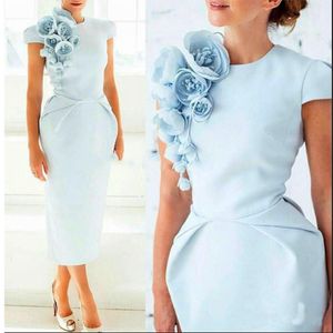 Eleganta blommor Morklänning Tea Längd Satin Party Formell Klänningar Cap Sleeve Ljusblå Prom Dress
