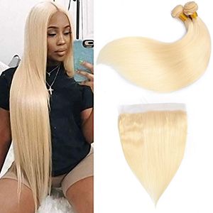 Brazilian Virgin Hair 613# Blonde 2 Bundles With 13X4 Lace Frontal Pre Plucked Straight Human Hair Bundle With Frontal Baby Hairs