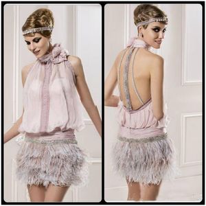 Sassy Pink Chiffon Cocktail Party Dresses Evening Wear Beading Feather Applices High Neck Sleeveless Open Back Short Prom Party Dresses