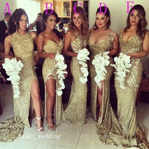 Guld Sequin Sparkly Bridesmaid Klänning Högkvalitativ 5 stilar Sida Slit Formell Lång Maid of Honor Dress Wedding Party Gown