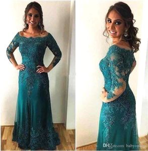 Green Aqua Teal Sleeve Mother of Bride Elegant Dresses Boat Neck Applicants Pärlor Spetsar Långa kvällsklänningar Formell klänning