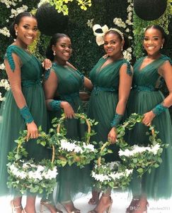 Dark Green Bridesmaid Dresses for Wedding Party Tulle A Line Ankle Length V-Neck Appliques Illusion Long Sleeve Maid of Honor Dresses