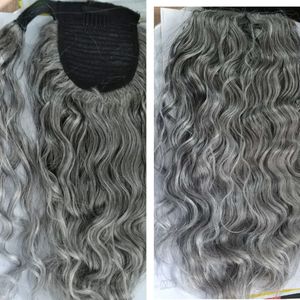 Extension per capelli a coda di cavallo grigio ondulato per donna che avvolge la clip in capelli veri capelli umani parrucchino grigio sale e pepe grigio e bianco