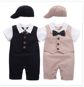 Wholesale baby boy formal romper resale online - infant one piece formal jumpsuit Short sleeve baby rompers with tie hat spring autumn baby boy gentleman romper toddler clothing