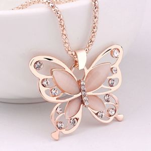 Colar de pingente de borboleta de cristal de diamante rosa liga de ouro charme rosa colares camisola cadeia crianças mulheres moda jóias