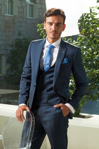 Brand New Blue Groom Tuxedos Peak Lapel Slim Fit Groomsmen Bröllopsklänning Utmärkt Man Jacka Blazer 3 Piece Suit (Jacka + Byxor + Vest + Tie) 1666