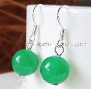 Ziemlich handgemachte 12mm grüne Jade Runde Perlen baumeln Silber Ohrringe Schmuck