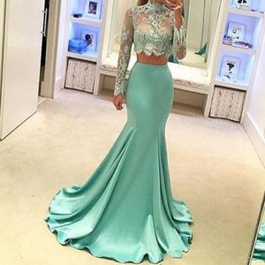 Prom Dresses 2021 Elegancka mięta Green Sexy Sheer High Neck Koronki Syrenka Suknie Wieczorowe Aplikacje Dwa kawałki Plus Size Druhna Dresses