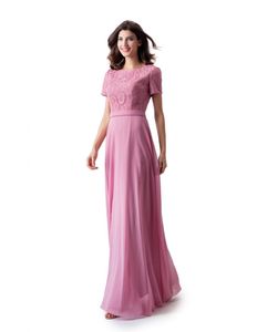 Empoeirado rosa uma linha de renda chiffon longo modesto vestido de baile com mangas cap nova chegada até o chão modesto vestido de dama de honra para a festa de qua