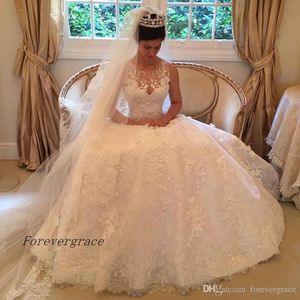 2019 A-Linie Heißer Verkauf Vintage Blumenapplikationen Spitze Langes Hochzeitskleid Elegantes Prinzessin Brautkleid nach Maß Plus Size