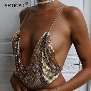 Sibybo Metal Women Tank Top 2017 Beach Backless Drapped Deep V Neck Sekvensins Sexig Elegant Club Party Halter Crop Tops Bustier J190427