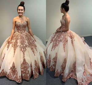 Luksusowa Rose Gold Lace Beaded Quinceanera Prom Dresses Suknia Balowa Sweetheart Sparkly Tulle Evening Party Sweet 16 Sukienka Vestido