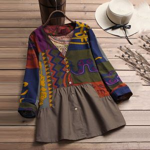 S~5xl Women Vintage Shirts Spring Autumn Stitching Floral Print Cardigan Sleeve V-neck Shirt Tops Boho Casual Long Blouse J190618