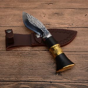 Chegada Nova Mão pequena feita fixo lâmina de caça Faca 7Cr17Mov cetim Ponto de Gota Lâmina Ebony + Handle bronze com bainha de couro