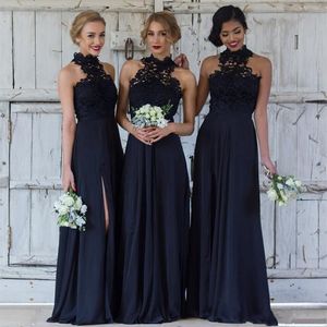 Eleganti abiti da damigella d'onore blu navy per matrimoni Chiffon A-Line Collo alto Abiti da cerimonia con spacco laterale Abito da damigella d'onore modesto in pizzo