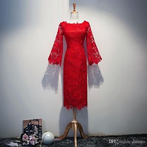 Cocktailkleider mit floraler Spitze, Tee-Länge, Poet-Ärmel, rotes Partykleid, Neuankömmling, echte Bilder, billig, Schwarz, Weiß, Elfenbein