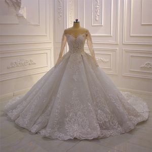 Lyx 2020 bollkakor bröllopsklänningar Långärmade spetsapplikrade Sheer Bridal Dresses Beaded Sequins Plus Size Bröllopsklänningar Robe de Marie