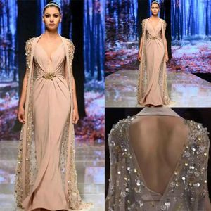 Elie Saab 2020 Mermaid Evening Dresses With Wraps Open Back Beaded Long Chiffon Prom Gowns Sweep Train Formal Party Dress
