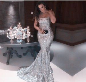 Sexy Strapless Silver glod Mermaid Prom Dresses 2018 New Arrival Sparkly Sequined Long Formal Evening Gowns Cheap Vintage Party Wear