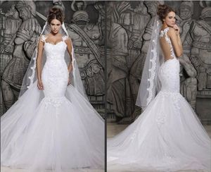 2019 Ny billig Berta Sexig Sheer Back Mermaid Bröllopsklänningar Spaghetti Straps Lace Appliqued Bridal Gown Saudiarabien Vestidos FH1