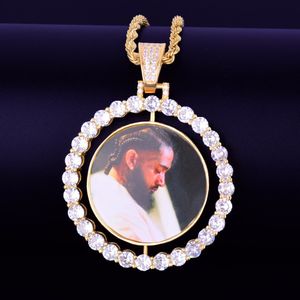 Сшитое Фото Вращающегося двухсторонних медальоны ожерелье кубинского звено цепь циркон мужского Хип-хоп ювелирные 2x1.65 дюйма