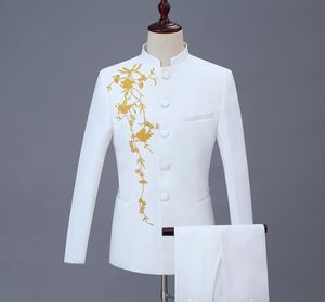 ブレザー男性刺繍フォーマルドレス最新のコートパンツデザイン結婚スーツの男性Terno Masculinoのズボンの結婚式スーツメンズホワイト