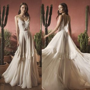 Elegant A Line Wedding Dresses Sexy Spaghetti V Neck Open Back Wedding Dress Lace Applique Feather Bridal Gown