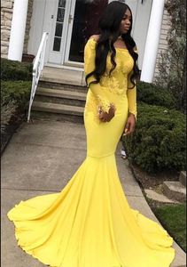 New Yellow Prom Dresses Sexy Long Sleeves Satin evening gowns strapless Sweep Train Mermaid Appliqued Evening Party Dresses Custom Made