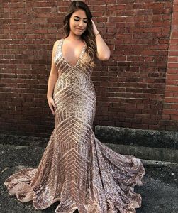 Rose Gold Plus Size Mermaid Prom Dresses Shinny Sequins Plunging V Neck Open Back Sweep Train Graduation Formal Dress