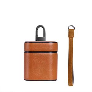 Couro Resistência queda Vegan Bag Bolsa de armazenamento para AIRPod sem fio fone de ouvido anti-choque Estojo Cubra com cordão pulseira Carabiner