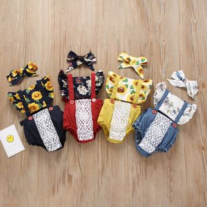 Baby Mädchen Sonnenblumen Strampler mit Stirnband Neugeborenen Blume fliegende Ärmel Overalls 2019 Sommer Boutique Kinder Spitze Klettern KleidungC6397