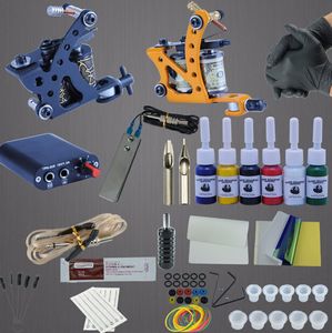 Hottest Complet Tattoo Machine Kit Set 2 Bobinas Guns 6 Cores Preto Pigment Sets Power Tattoo Beginner Grips Kits Maquiagem Permanente