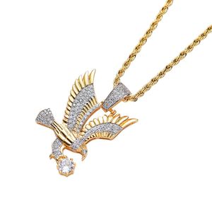 Fashion-Gold Plated Full Cubic Zirconia Bling Hunting Eagle Pendant Chain Halsband Hip Hop Iced Diamond Rock Rapper Smycken Gift för män