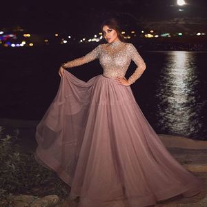 High Neck Dusty Pink Muslim Evening Dress illusion Long Sleeve Crystal beaded Plus Size Arabic Formal Dresses for Women Dubai Prom Gowns