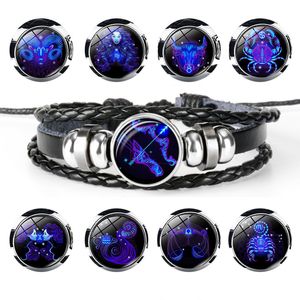 Doze constelações céu estrelado Pulseira Artesanais casais de couro pulseiras Zodiac Glass Charm Bracelet para presente de Natal