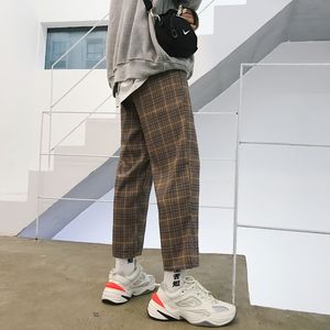 Fashion-2018 Korean Autumn Men's Fashion Tide Plaid Pattern Straight-Leg Ankle-Length Pants Elastic Waist Loose Casual Trousers M-XL