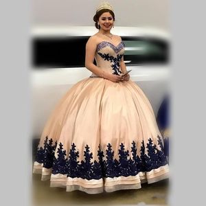 Navy Blue Champagne Ball Gowns Vestidos De Quinceanera Applique Beaded Crystal Strapless Sweet 16 Dress Prom Graduation Party Evening Gowns