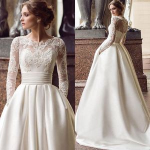 2020 Nytt mönster Vestidos De Novia Jewel Neck Spets Applicerad livstycke Satinkjol Modest Långärmad Bröllopsklänning Brudklänningar