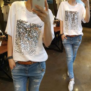 2018 Nuove donne Estate Paillettes T Camicia a maniche corte T-shirt bianca nera Lady Moda casual Top larghi Camicie in cotone