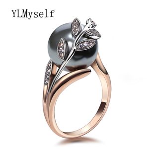 Trendy hot ring with Gray Pearl and cubic zircon Women jewelry dropshipping anel anillos aneis femme statement leaf finger rings